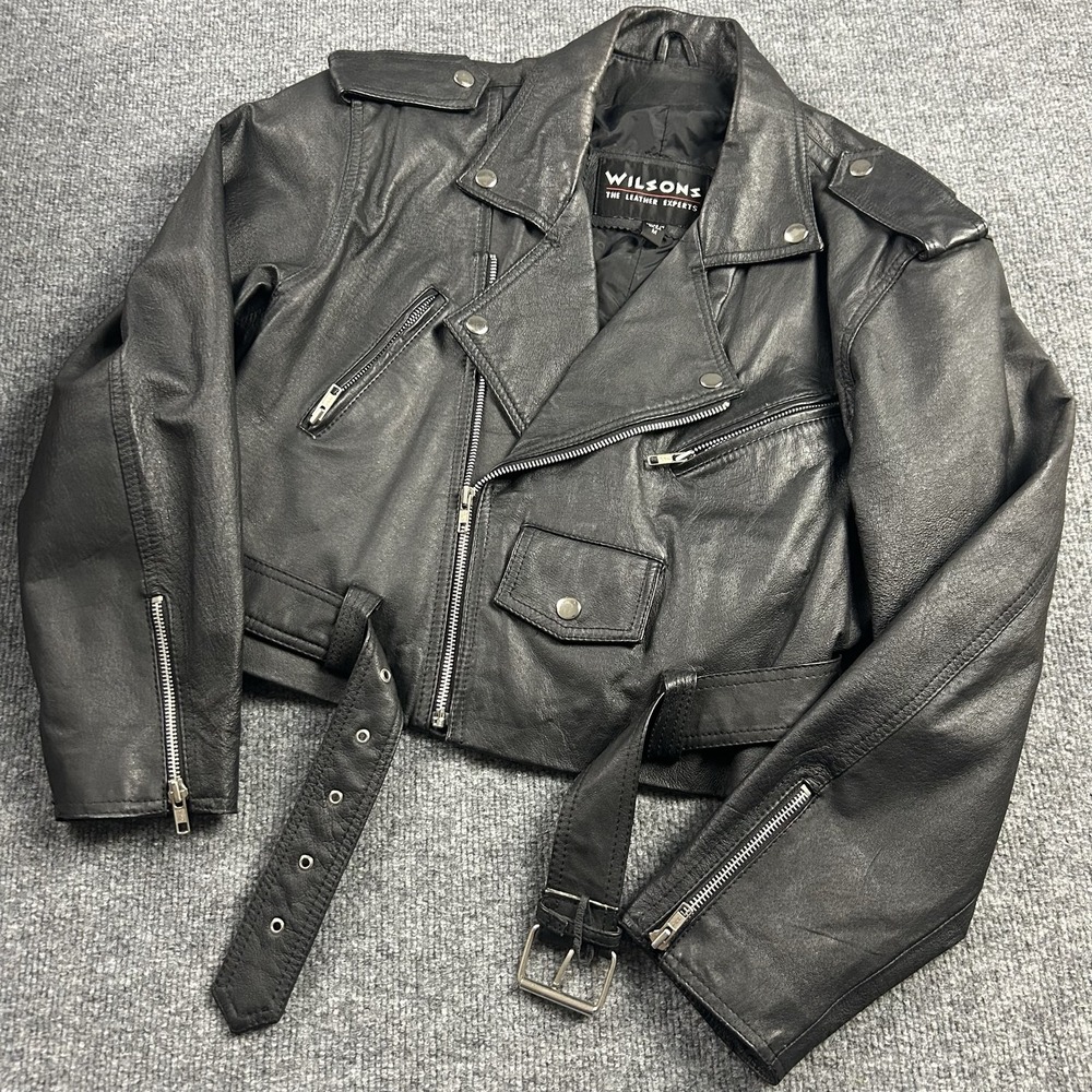 Wilsons Leather Jacket womens Medium Black Motorcycle Belted Zip Pockets Lined